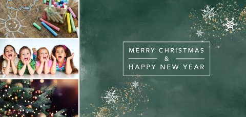 Groene kerstkaart met onderwijs foto's en spetters