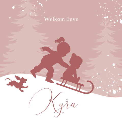 Winter babykaartje twee zusjes met slee in de sneeuw