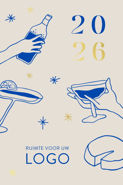 Speelse uitnodiging voor eindejaarsborrel in goud en blauwe accenten
