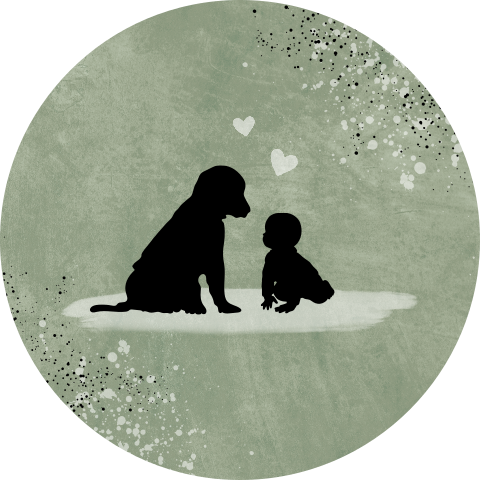 Groene sluitsticker met silhouetjes van hond en baby