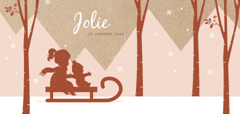 Winters geboortekaartje 2e kindje met twee zusjes op slee in bergen