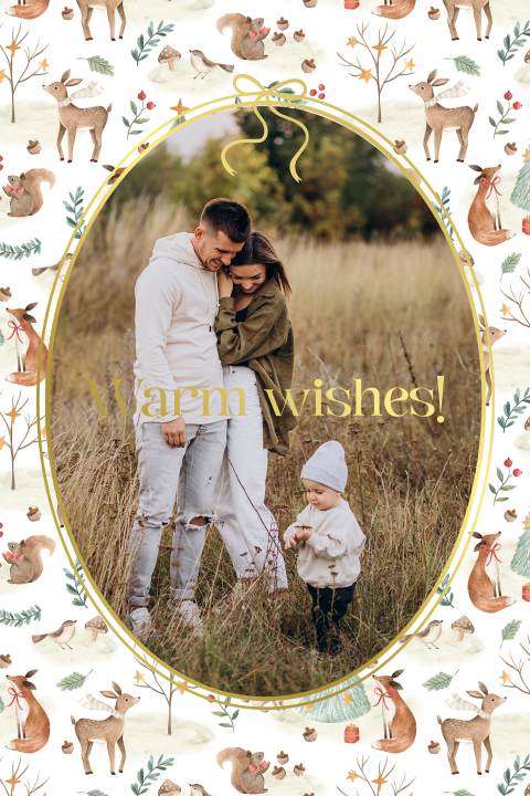 Kerstkaart met foto en bosdieren in waterverf