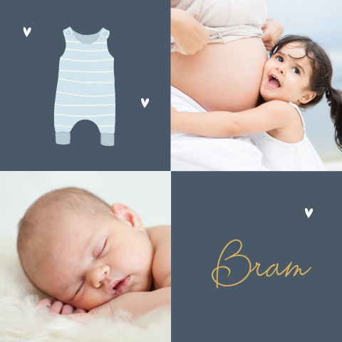 Foto geboortekaartje zus en broertje met blauwe romper