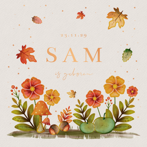 Herfst geboortekaartje met bladeren en bloemen