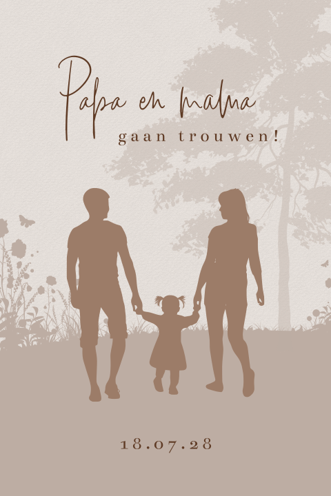 Bruine trouwkaart met silhouetjes van gezin