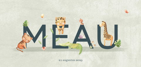 Jungle geboortekaartje naam omgeven door dieren