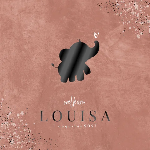 Geboortekaartje voor meisje met lief olifantje in hoogglans zwart
