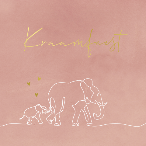 Goudfolie kraamkaartje meisje met lijntekening van olifantjes