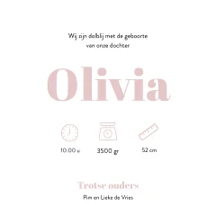 Minimalistisch roze geboortekaartje met houten hartje