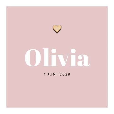 Minimalistisch roze geboortekaartje met houten hartje