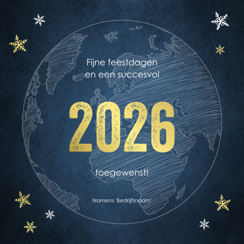 Donkerblauwe kerstkaart met wereldbol en goudfolie sterren