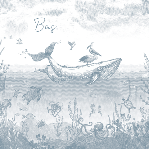 Blauw geboortekaartje met walvis