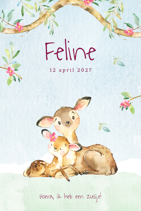 Meisjes geboortekaartje 2e kindje met twee herten in het bos