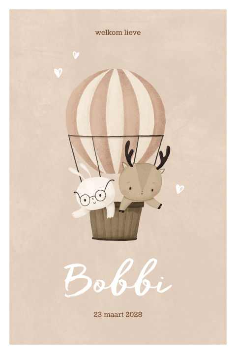 Beige geboortekaartje met luchtballon en lieve diertjes