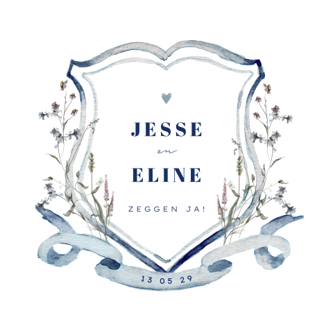 Stoere trouwkaart met blauw wapenschild
