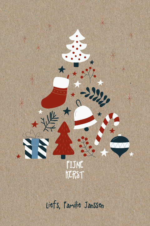 Kerstkaart op kraft met kerstboom in tekeningetjes