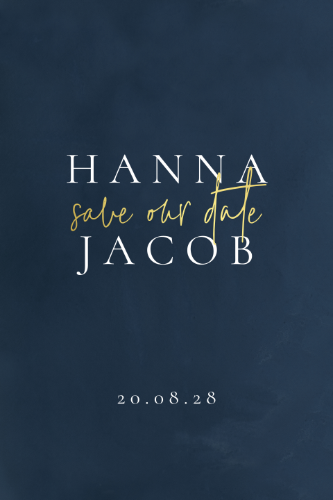 Donkerblauwe save the date kaart met goudfolie typografie