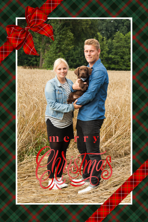 Stijlvolle kerstkaart met ruitjesstrik en foto