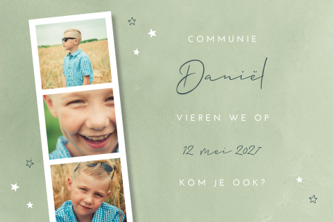 Lichtgroene uitnodiging voor communie met polaroid fotokader