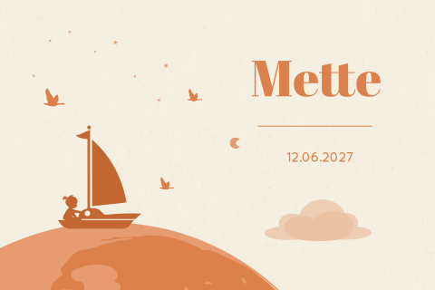 Oranje silhouet geboortekaartje meisje met boot op oceaan