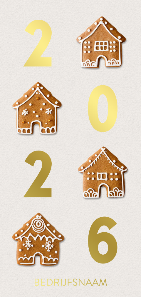 Goudfolie kerstkaart met peperhoekhuisjes en 2026