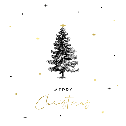 Vintage kerstkaart met kerstboom en goudfolie sterren