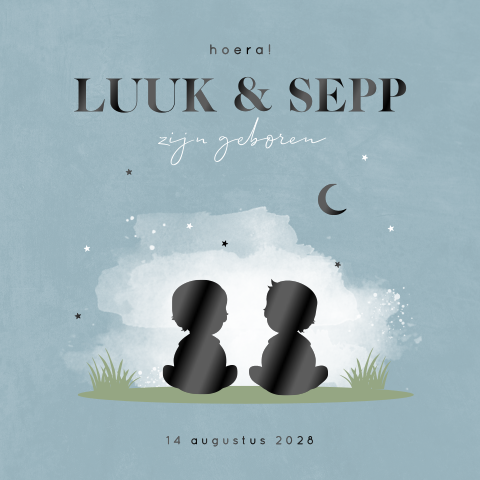Blauw silhouet geboortekaartje met tweeling broertjes