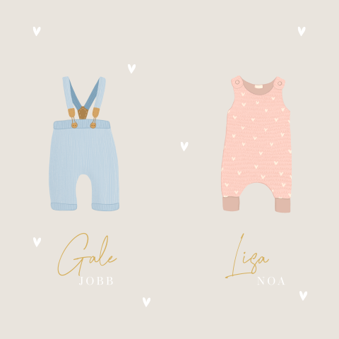 Tweeling geboortekaartje met babykleertjes in roze en blauw