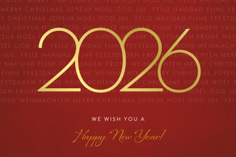 Rode kerstkaart met 2026 in goudfolie Happy New Year