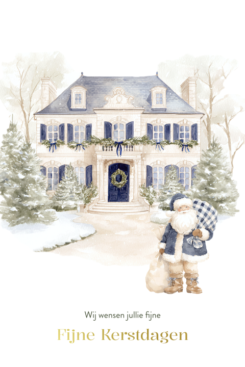 Luxe kerstkaart met huis en blauwe kerstman
