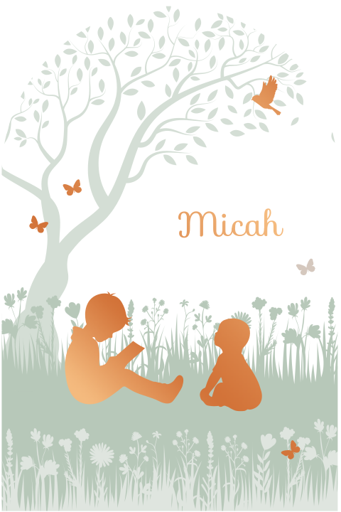 Geboortekaartje grote broer en baby jongen lezend onder boom