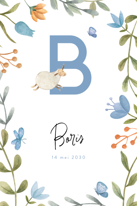 Geboortekaartje dieren met initiaal en bladeren