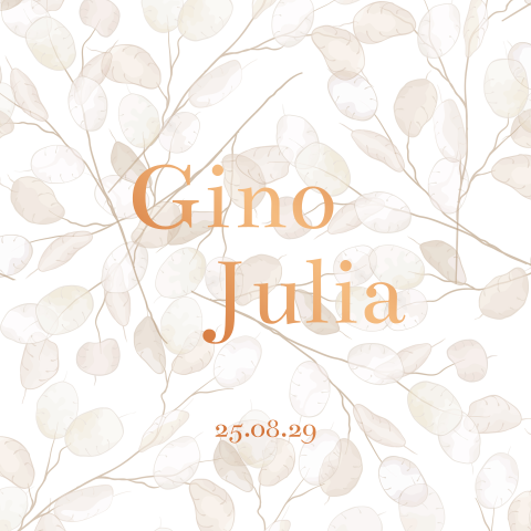 Botanische koperfolie trouwkaart met beige blaadjes