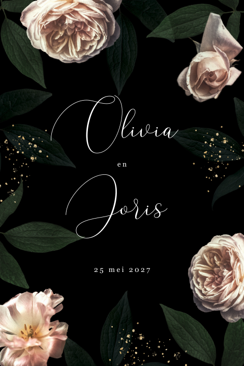 Zwarte klassieke trouwkaart met roze tulpen en rozen