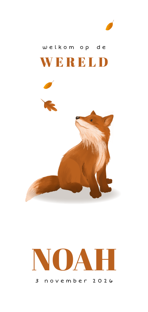 Lief herfst geboortekaartje met vosje en blaadjes voor een jongen