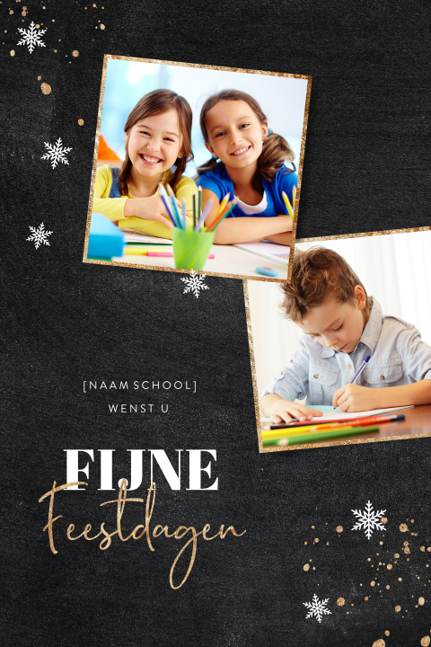 Zwarte kerstkaart onderwijs met goudlook fotokaders en spetters