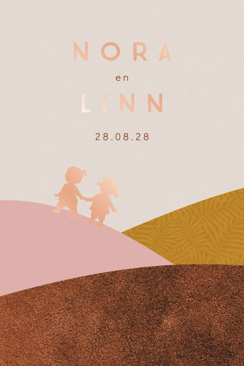 Geboortekaartje met landschap en roségoudfolie tweeling meisjes
