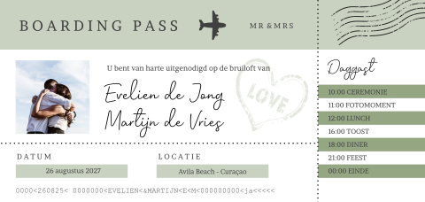Trouwkaart boarding pass met stempels voor huwelijk in het buitenland