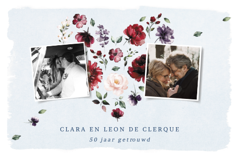 Jubileumkaart 50 jaar getrouwd met bloemen en fotokaders