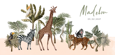 Jungle geboortekaartje meisje met dieren als giraf tijger aap en zebra