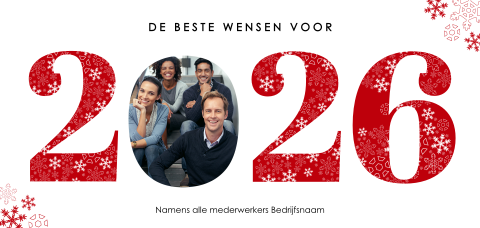 Foto kerstkaart met 2026 in rood en ijssterren