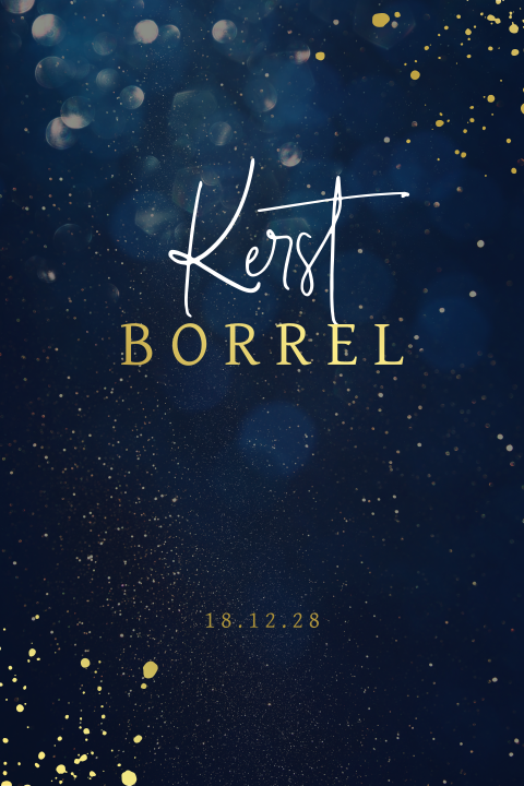 Blauwe uitnodiging voor kerstborrel met goudfolie spetters