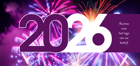 Kerstkaart met vuurwerk en 2026 in paars