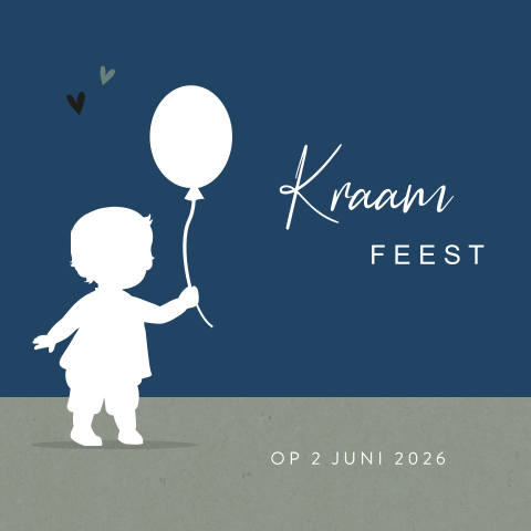 Donkerblauw kraamkaartje met jongen en ballon