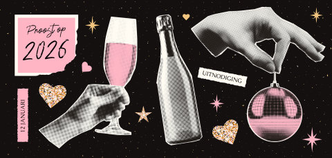 Zwarte retro popart nieuwjaarsuitnodiging borrel