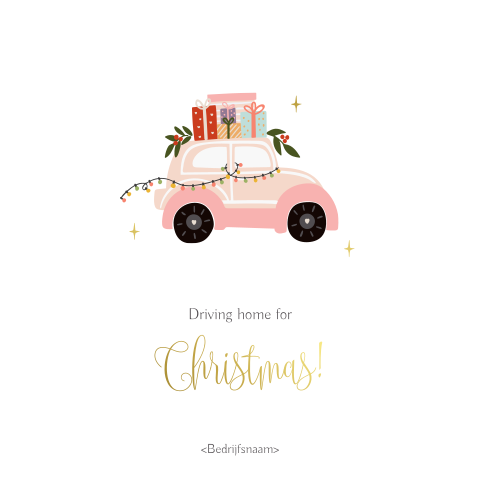 Kerstkaart roze auto met kerstboom op dak