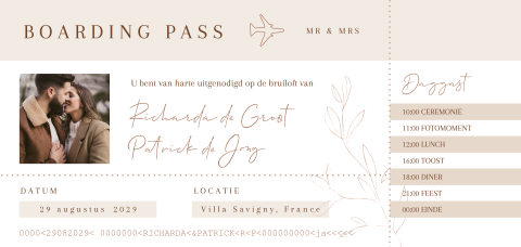 Originele trouwkaart in vorm van beige ticket