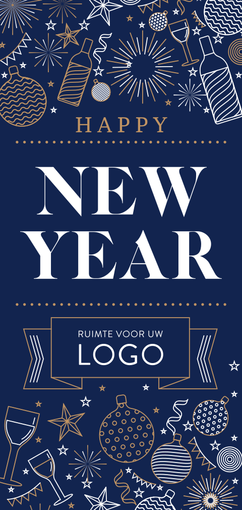 Donkerblauwe nieuwjaarskaart Happy New Year met logo