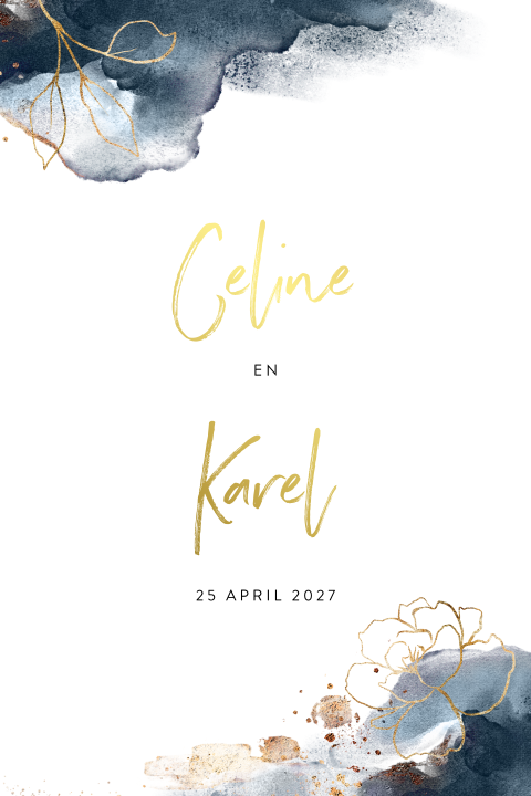 Goudfolie trouwkaart met blauwe waterverf en bloemen