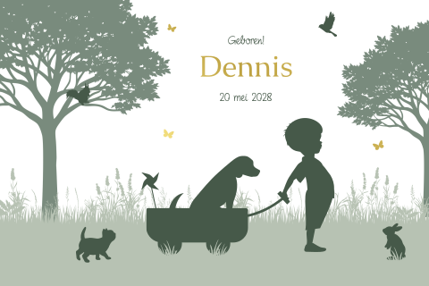Groen silhouet geboortekaartje jongetje met hond in kar